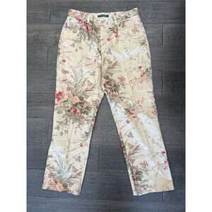 Lauren Ralph Lauren Linen Cropped Pants Black with Gold Floral Print 8P